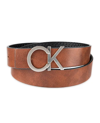 Calvin Klein Men's 4-In-1 Reversible Leather Strap with 2 Interchangeable Plaque Buckles Belt, 3-Piece Set