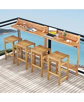 Gouun 3 Pieces Patio Acacia Wood Bar Table Set with Footrest Curved Wood Seat