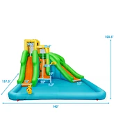 Gymax Inflatable Water Park Bounce House Two-Slide Bouncer w/ Climbing Wall & 550W Blower