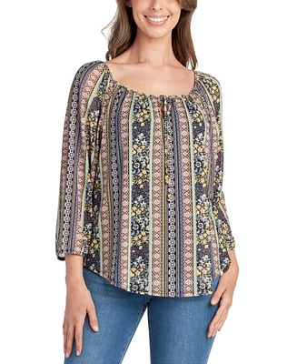 Bcx Juniors' Printed-Mesh Peasant 3/4-Sleeve Top