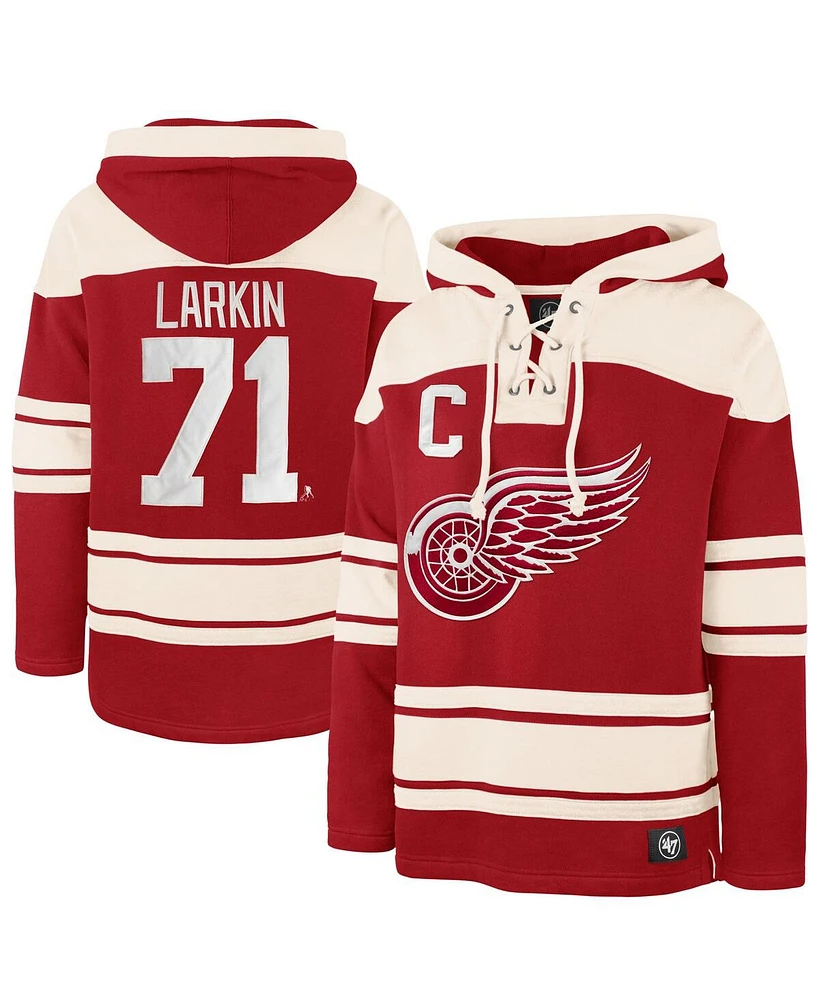 '47 Brand Men's Dylan Larkin Red Detroit Wings Captain Patch Player Name Number Lacer Pullover Hoodie