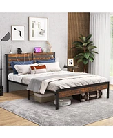 Sugift Full Size Bed Frame with Charging Station and Storage Headboard