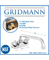 Gridmann Commercial Wall Mount Sink Faucet, 4" Center with 10" Swing Spout, Nsf, Dual Knob Handles, Brass Construction, Chrome Polished Finish