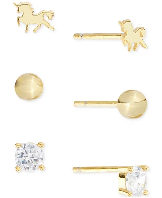 Cubic Zirconia, Bead & Horse 3-Pc. Set Stud Earrings (7/8 ct. t.w.) in 14k Gold Over Sterling Silver (also in Sterling Silver)