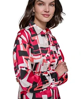 Karl Lagerfeld Paris Women's Satin Printed Oversized Button-Front Top