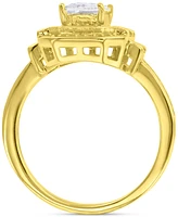 Cubic Zirconia Mixed Cut Halo Statement Ring 14k Gold-Plated Sterling Silver