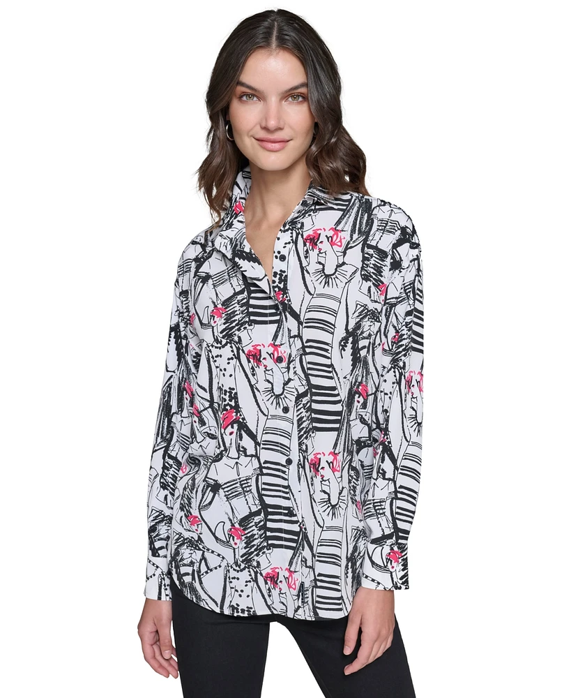 Karl Lagerfeld Paris Women's Printed Oversized Button-Front Top