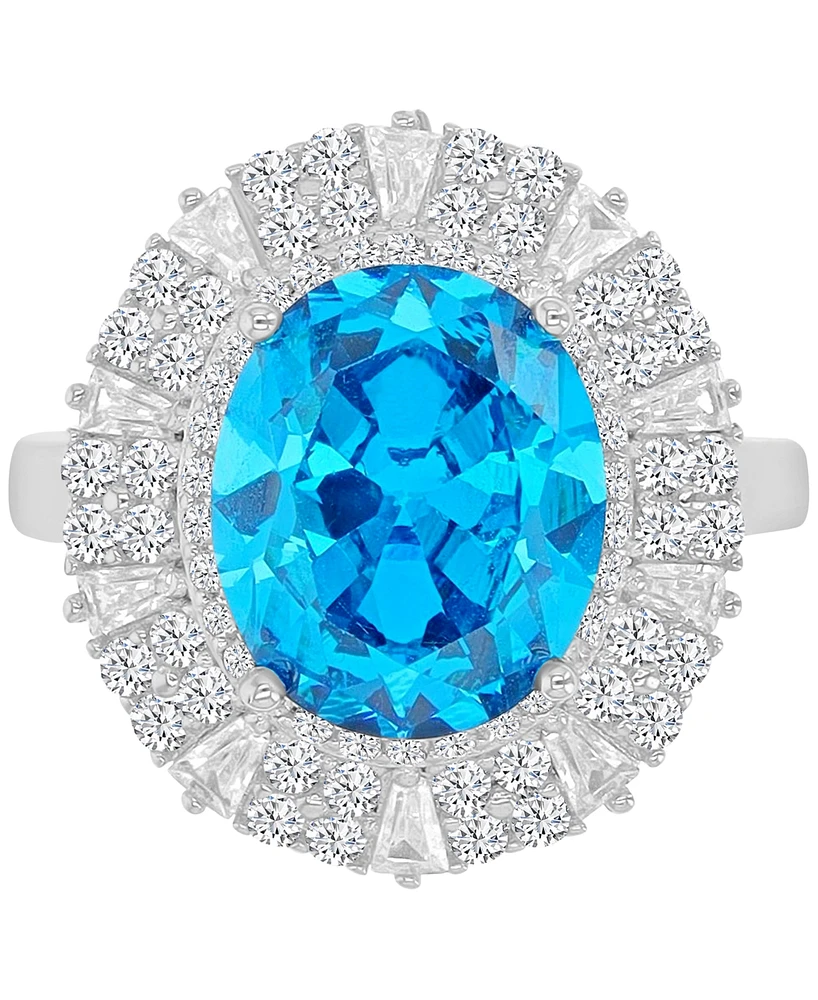 Blue & White Cubic Zirconia Mixed Cut Halo Statement Ring Sterling Silver