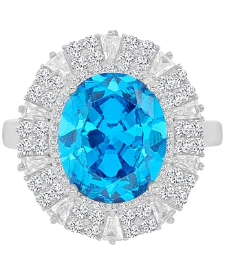 Blue & White Cubic Zirconia Mixed Cut Halo Statement Ring Sterling Silver