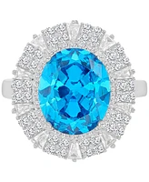 Blue & White Cubic Zirconia Mixed Cut Halo Statement Ring Sterling Silver