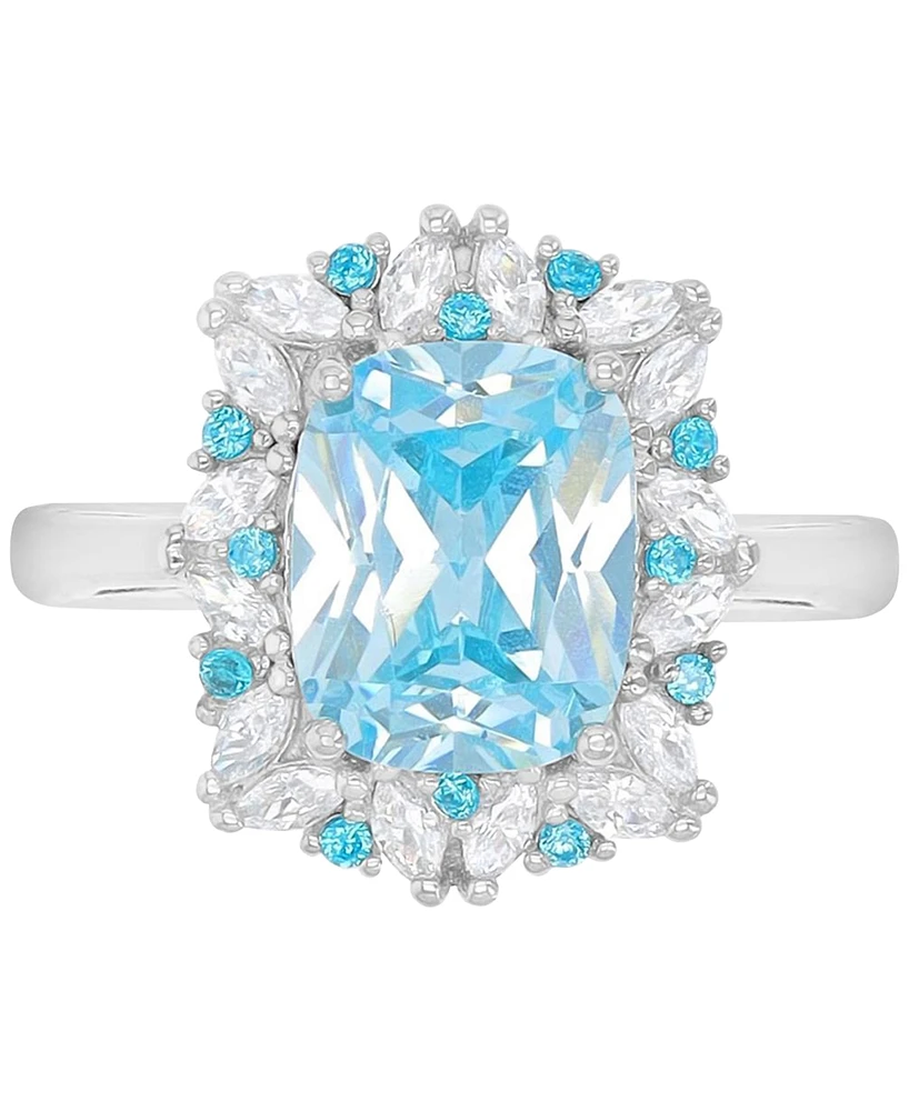 Blue & White Cubic Zirconia Mixed Cut Halo Ring Sterling Silver