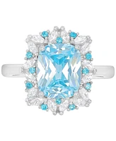 Blue & White Cubic Zirconia Mixed Cut Halo Ring Sterling Silver