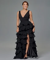 Betsy & Adam Women's Tiered Long V-Neck Gown