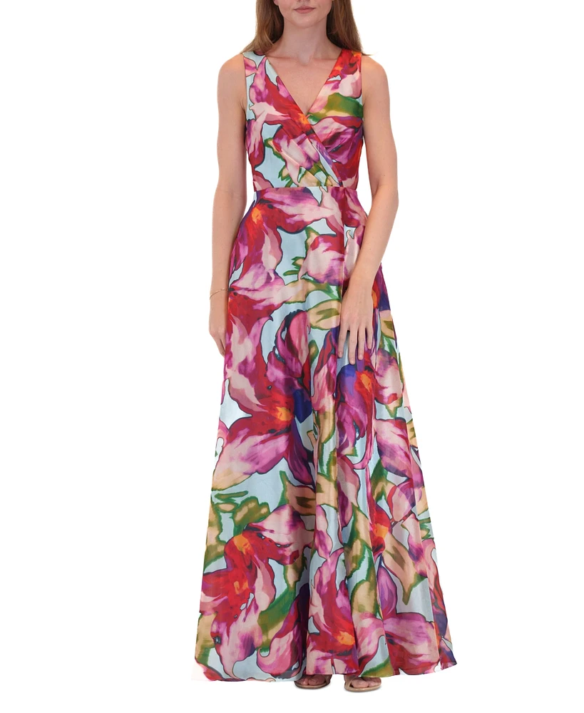 julia jordan Women's Printed V-Neck Sleeveless Organza Gown