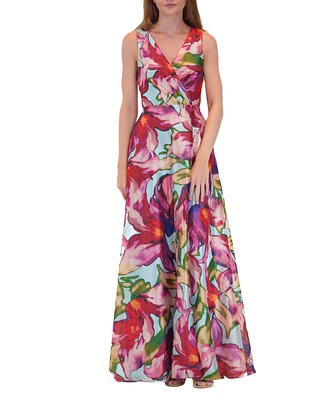 julia jordan Women's Printed V-Neck Sleeveless Organza Gown