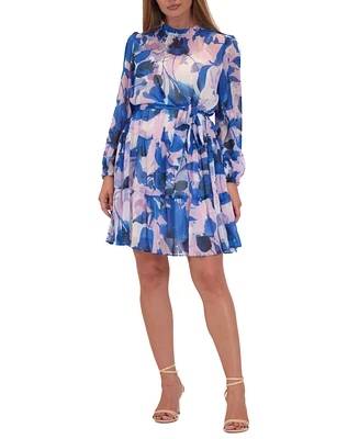 julia jordan Women's Printed High-Neck Chiffon Long-Sleeve Dress