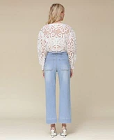 Avec Les Filles Womens Cropped Puff Sleeve Shirt Wide Leg Jeans