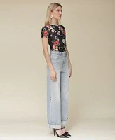 Avec Les Filles Womens Floral Print Fitted T Shirt Cuffed High Rise Wide Leg Jeans