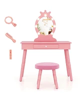 Costway Kids Vanity Set Princess Table & Chair with Lighted Mirror