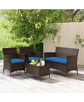 Gouun 4 Pieces Comfortable Outdoor Rattan Sofa Set with Glass Table-Peacock