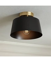 Possini Euro Design McCovey 9 3/4" Modern Semi Flush-Mount Ceiling Light Fixture Kitchen Foyer Hallway Drum Round Black Brass Finish Metal Bedroom Bat