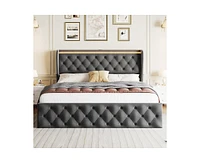 gaomon King Led Platform Bed Frame with Charging Station, Velvet Upholstered Bed Frame with Button Wingback Headboard