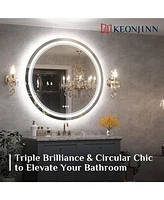 keonjinn Round Vanity Mirror Led Lighted Metal Wall Dimmable Bathroom