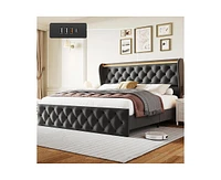 gaomon King Led Platform Bed Frame with Charging Station, Velvet Upholstered Bed Frame with Button Wingback Headboard, Metal Frame with No Box Spring