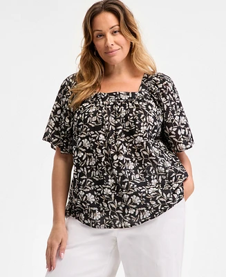 Style & Co Plus Printed Flutter-Sleeve Top, Exclusively at Macy's