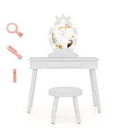 Costway Kids Vanity Set Princess Vanity Table & Chair Set with Lighted Mirror