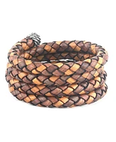 American West Jewelry Sterling Silver Multi-Color Braided Brown Leather Coil Wrap Bracelet, 24 Inches