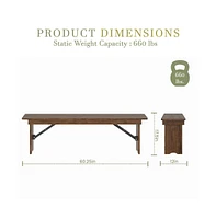Merrick Lane Tinsley 60" X 12" Solid Pine Folding Farmhouse Style Bench, Rustic Pinewood Folding Dining Bench With Locking Legs
