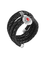 American West Jewelry Sterling Silver Red Coral Concha Braided Leather Wrap Bracelet, One Size Fits Most