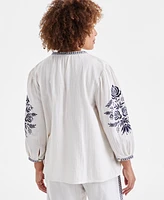 Style & Co Women's Cotton Gauze Embroidered Popover Top, Exclusively at Macy's