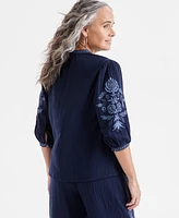 Style & Co Petite 3/4-Sleeve Embroidered Top, Exclusively at Macy's