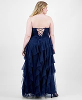 pear culture Plus Sparkle Strapless Ruffle-Tiered Gown