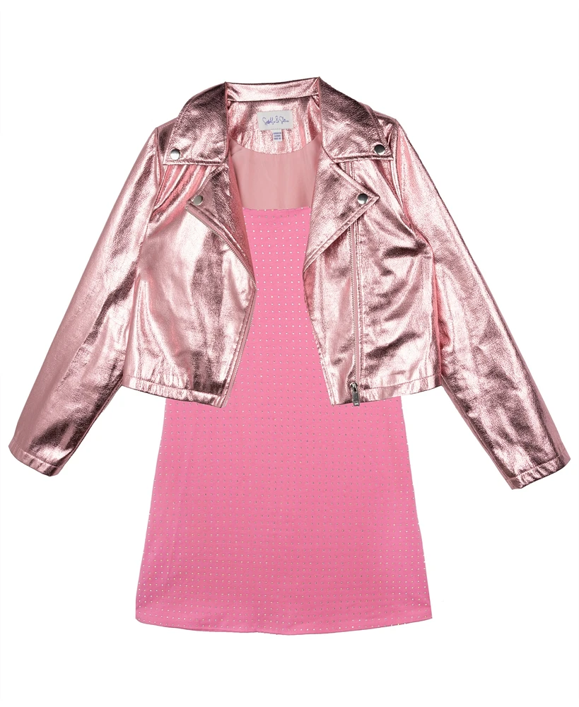 Sparkle & Shine Big Girls Crystal Dress with Metallic Moto Jacket, 2- Piece Set