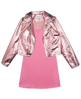 Sparkle & Shine Big Girls Crystal Dress with Metallic Moto Jacket, 2- Piece Set