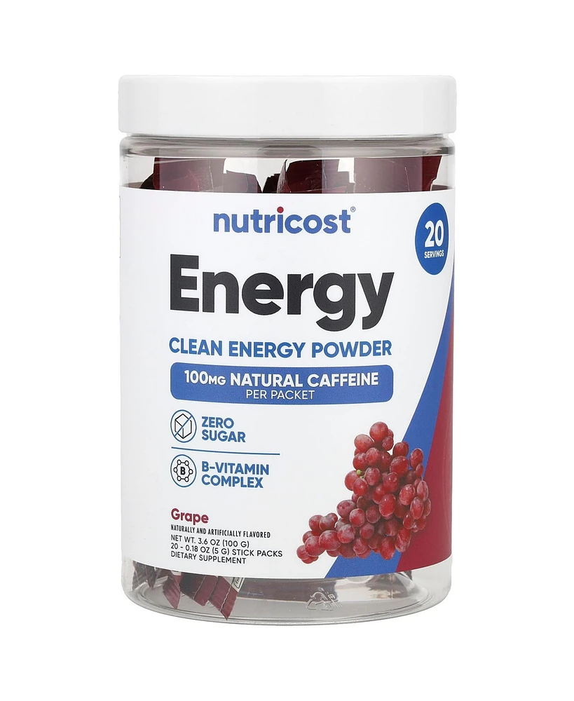 Nutricost Energy Clean Energy Powder Grape 20 Stick Packs