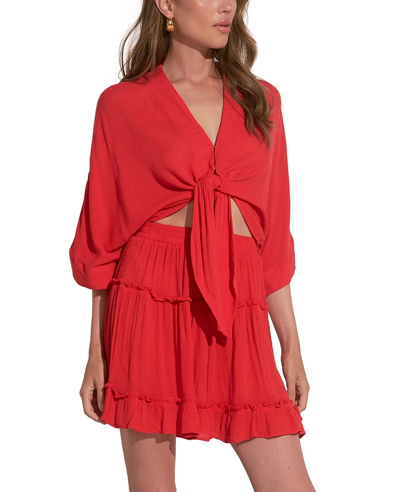 Elan Women's Tie-Front 3/4-Sleeve V-Neck Blouse