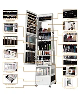 gaomon 360° Swivel Jewelry Armoire with Full Length Mirror, Led Vanity Mirror with Jewelry Storage Drawer, Shelf, Wheels, Freestanding Lockable J