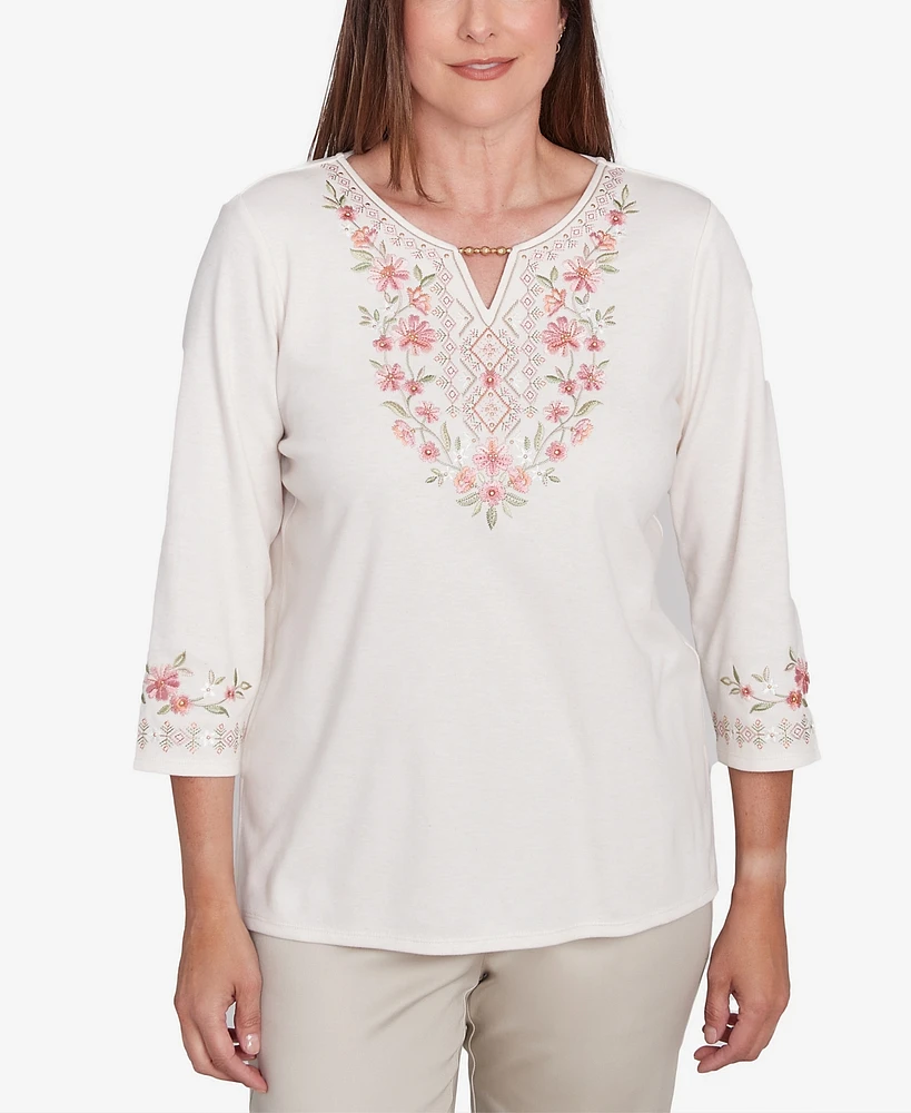 Alfred Dunner Women's Coming Up Roses Split Beaded Neck Embroidered Knit Top