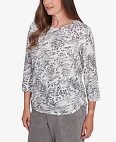 Alfred Dunner Women's Copenhagen Monotone Gray Animal Print Top