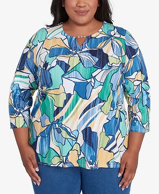 Alfred Dunner Plus Drama Floral Three Quarter Sleeve Top