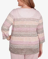 Alfred Dunner Plus Size Telluride Stripe Patchwork Pleated Crew Neck Top