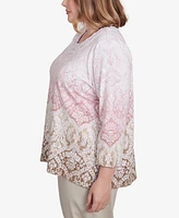 Alfred Dunner Plus Coming Up Roses Ombre Medallion Three Quarter Sleeve Top with Necklace