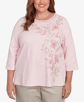 Alfred Dunner Plus Coming Up Roses Asymmetric Floral Embroidered Crew Neck Top