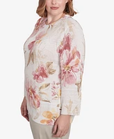 Alfred Dunner Plus Coming Up Roses Crew Neck Floral Sweater