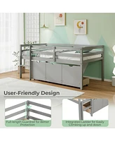 Gouun Twin Size Low Loft Bed with 3 Drawers with Ladder and Full-length Guardrails
