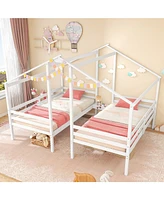 Double Twin Size Wooden Bed Frames with Built-in Table for Kids